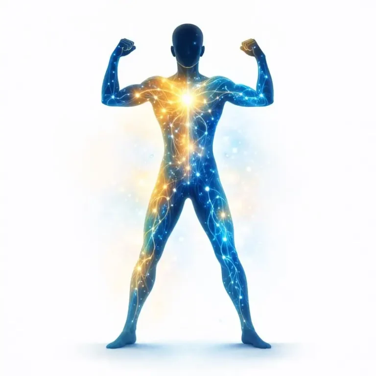 Illustrazione scientifica della forza fisica: silhouette umana che mostra i percorsi energetici e biologici della contrazione muscolare e della vitalità interna.