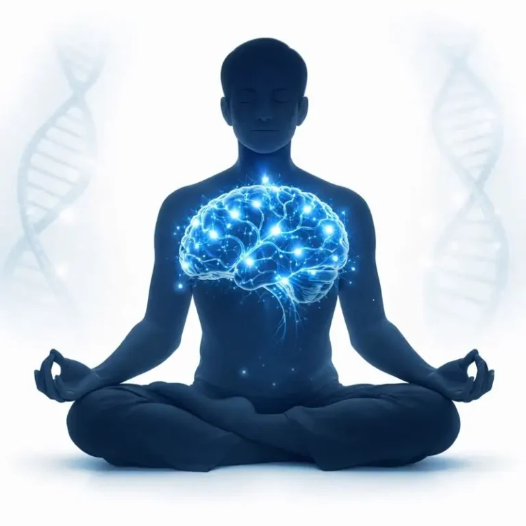 Illustrazione scientifica dei benefici dello yoga sul cervello: una silhouette in meditazione mostra la riattivazione dei percorsi neurali e la riduzione dello stress a livello cellulare.