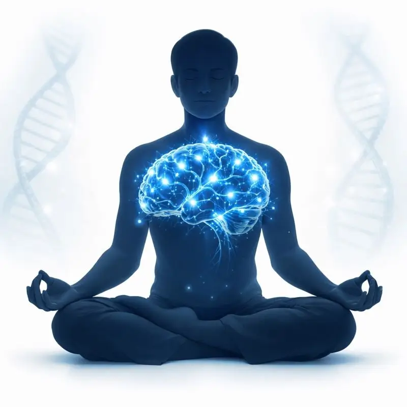 Illustrazione scientifica dei benefici dello yoga sul cervello: una silhouette in meditazione mostra la riattivazione dei percorsi neurali e la riduzione dello stress a livello cellulare.