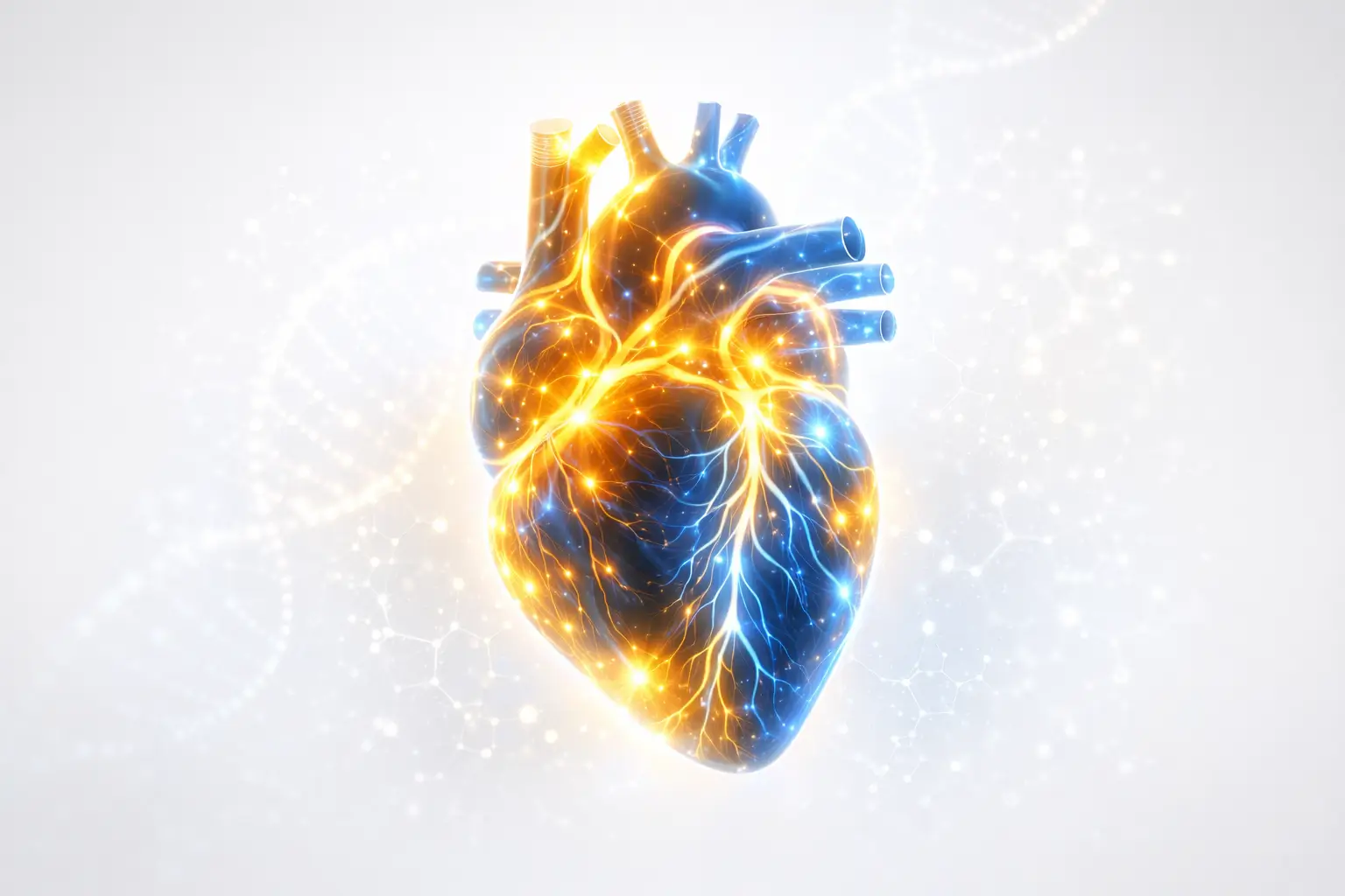 Illustrazione scientifica della salute cardiovascolare: cuore umano stilizzato con flussi di energia vitale e percorsi biochimici di prevenzione e longevità.