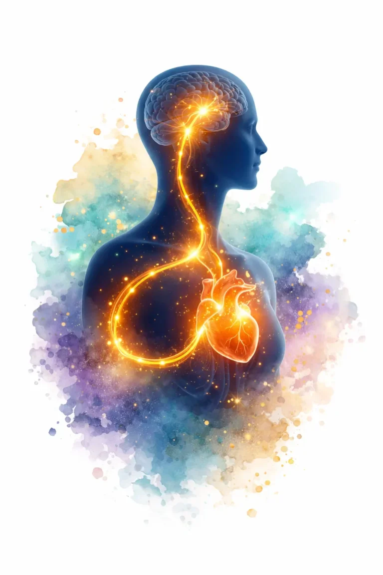 Illustrazione scientifica della connessione tra cuore e cervello, simbolo dell'intelligenza emotiva e del benessere psicofisico mediato dal sistema nervoso e dalla regolazione ormonale.