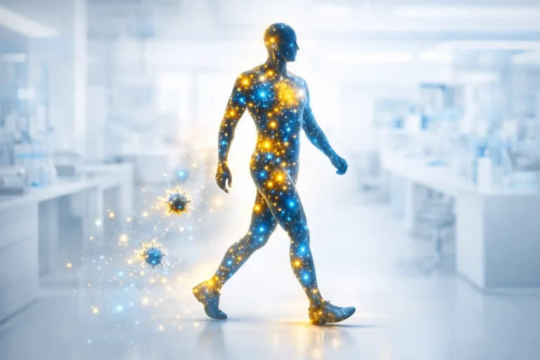 Illustrazione scientifica del legame tra attività fisica e prevenzione del cancro: silhouette energetica che cammina in un laboratorio medico, simboleggiando il rafforzamento del sistema immunitario attraverso il movimento.