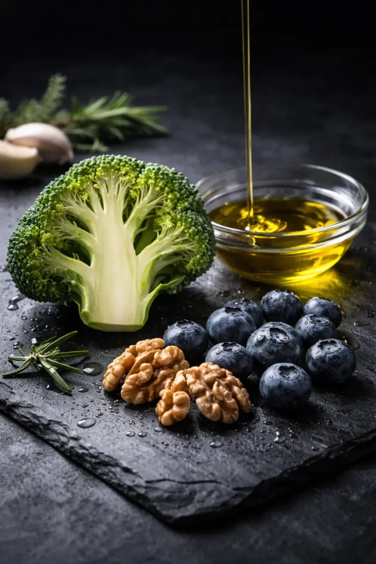 "Dettaglio fotografico di alimenti funzionali: broccolo, noci, mirtilli e olio EVO per la biochimica della nutrizione."