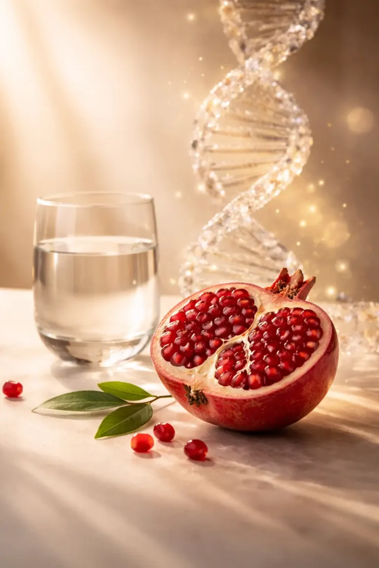Rappresentazione scientifica della salute femminile e longevità: melagrana, acqua pura e struttura molecolare in stile premium