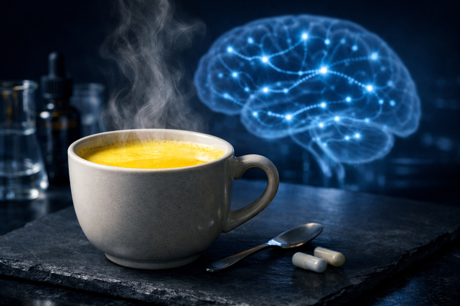 Rappresentazione scientifica dell'effetto delle bevande funzionali (Golden Milk) sulla neurochimica del cervello e la modulazione del GABA per il sonno - Progetto Vitasalute