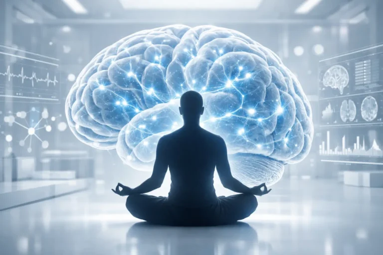 Illustrazione scientifica di un cervello umano luminoso con reti neurali attive sopra una figura in meditazione, simbolo di neuroplasticità e mindfulness - Progetto Vitasalute