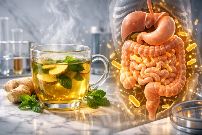 Visualizzazione scientifica del sistema digerente umano e del microbiota intestinale accanto a una tisana allo zenzero funzionale - Progetto Vitasalute