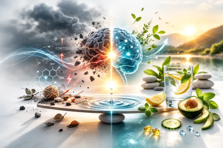 Infografica scientifica che illustra gli effetti biochimici del cortisolo sul cervello e le strategie di resilienza attraverso la nutrizione e la mindfulness - Progetto Vitasalute.