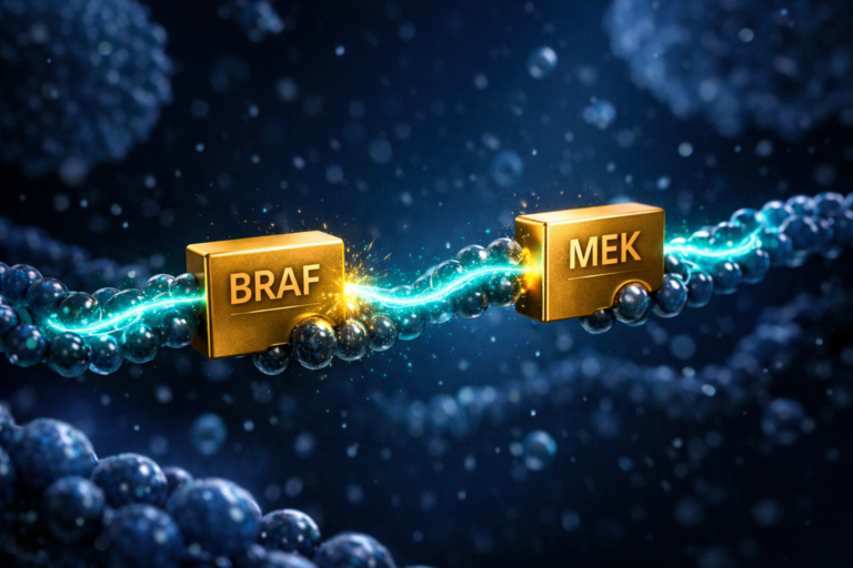 Rappresentazione 3D del doppio blocco molecolare degli inibitori di BRAF e MEK nel trattamento del melanoma - Progetto VitaSalute.