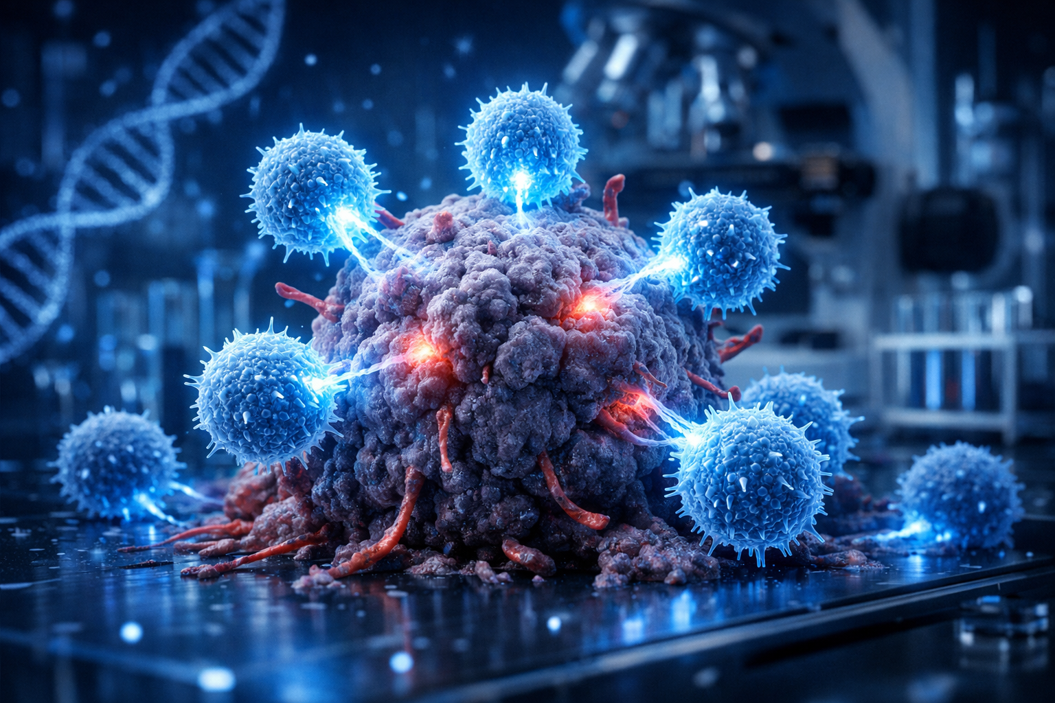 Visualizzazione 3D di linfociti T del sistema immunitario che attaccano una cellula tumorale, rappresentazione dell'immunoterapia oncologica - Progetto Vitasalute.