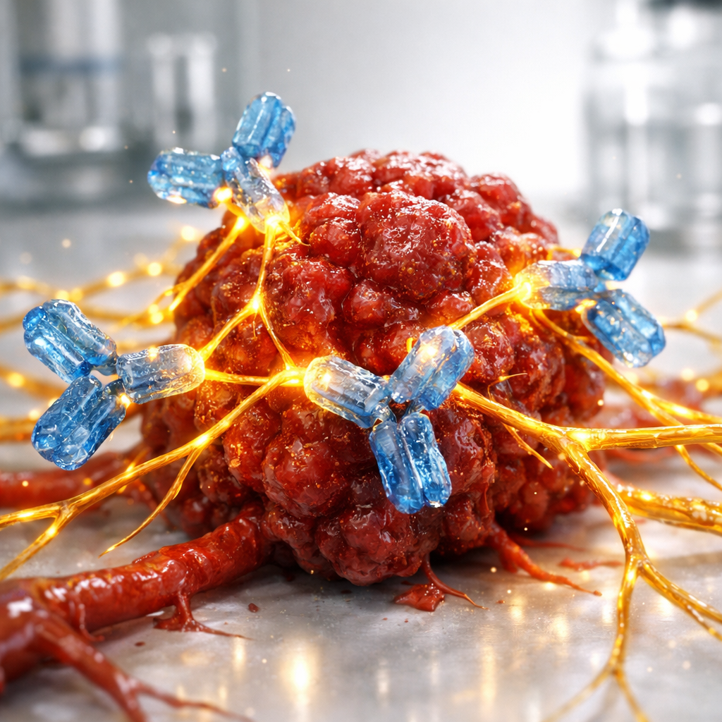 Rappresentazione scientifica della rete vascolare tumorale e del meccanismo d'azione dei farmaci anti-angiogenici