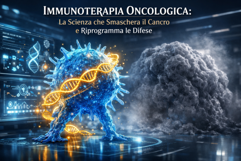 Illustrazione scientifica dell'immunoterapia oncologica e della riprogrammazione genetica dei linfociti T contro il tumore - Progetto Vitasalute.