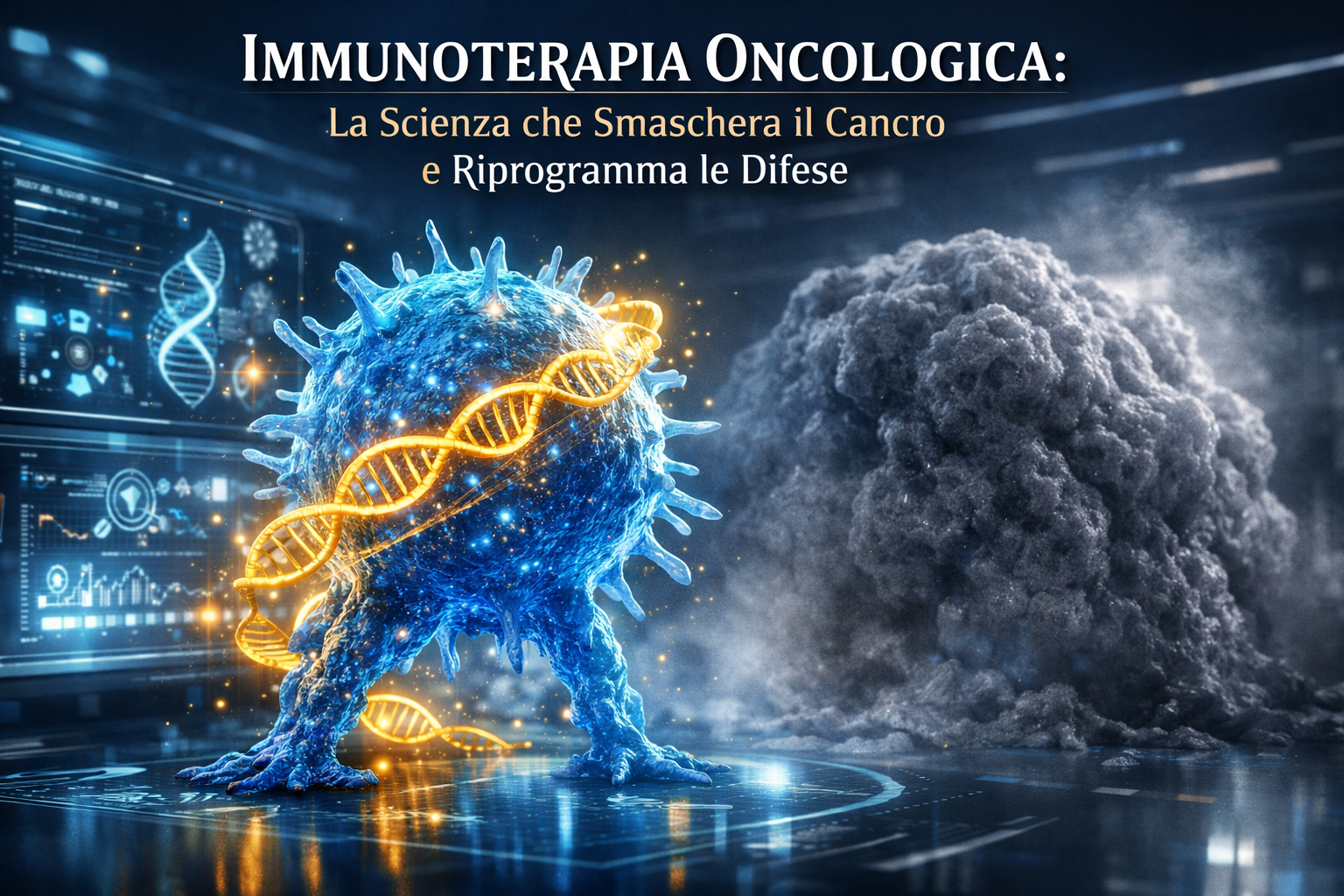 Rappresentazione scientifica dell'immunoterapia e linfociti T che attaccano il tumore - Progetto Vitasalute.