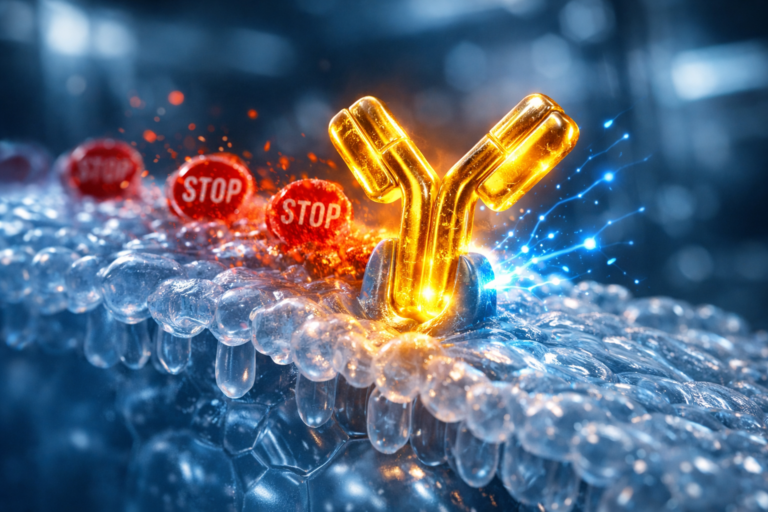 Visualizzazione scientifica 3D di un inibitore dei checkpoint (anticorpo) che sblocca il segnale di stop molecolare di una cellula tumorale - Progetto Vitasalute.