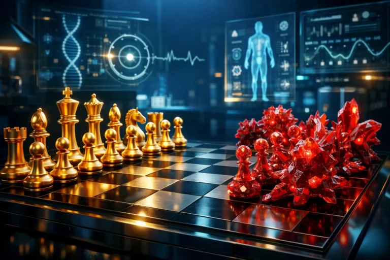 Rappresentazione concettuale della resistenza alle terapie mirate e dell'evoluzione del cancro: la partita a scacchi molecolare tra farmaci intelligenti e cellule tumorali - Progetto VitaSalute