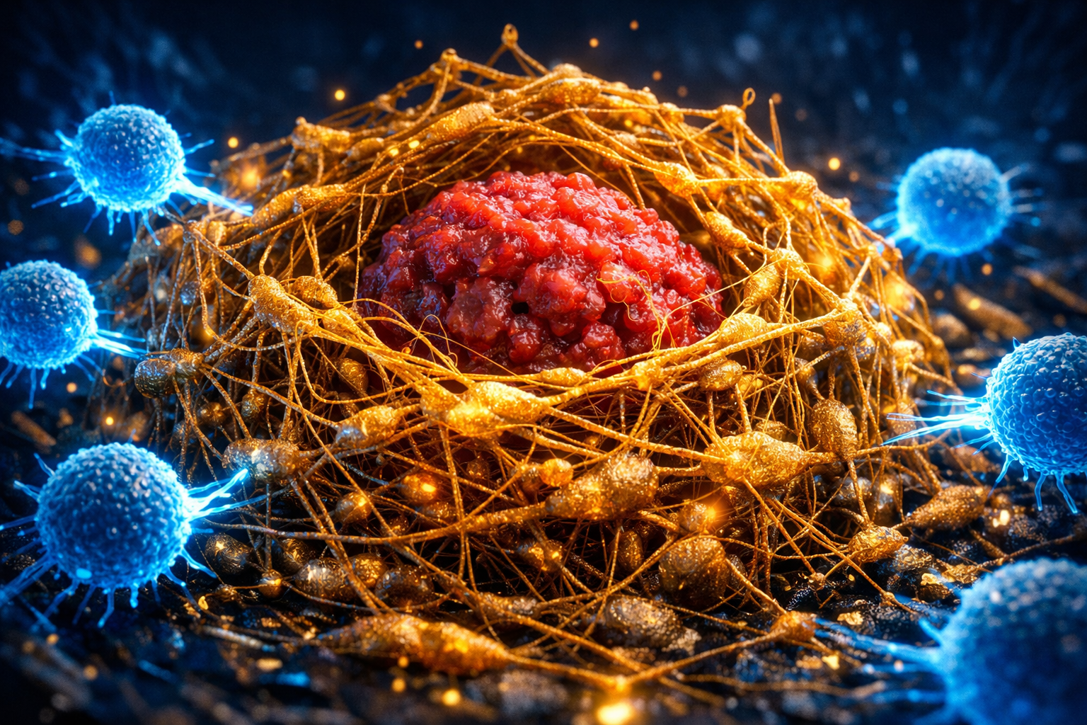 Rappresentazione scientifica 3D del microambiente tumorale (TME) con barriera di collagene e fibroblasti che ostacolano l'attacco dei linfociti T - Progetto Vitasalute.