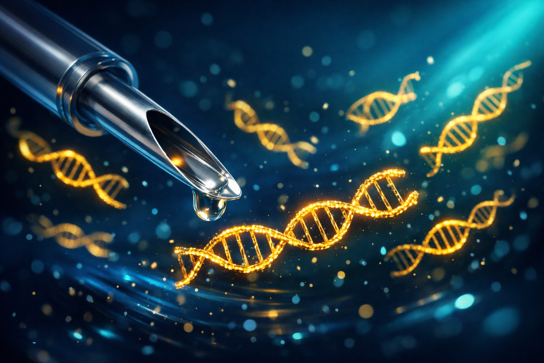 Rappresentazione scientifica 3D del DNA tumorale circolante (ctDNA) per la biopsia liquida in oncologia, evidenziando la tecnologia molecolare di precisione.