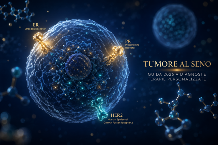 Rappresentazione scientifica 3D di una cellula di tumore al seno con evidenziati i recettori molecolari (ER, PR, HER2) per la medicina di precisione e le terapie personalizzate.
