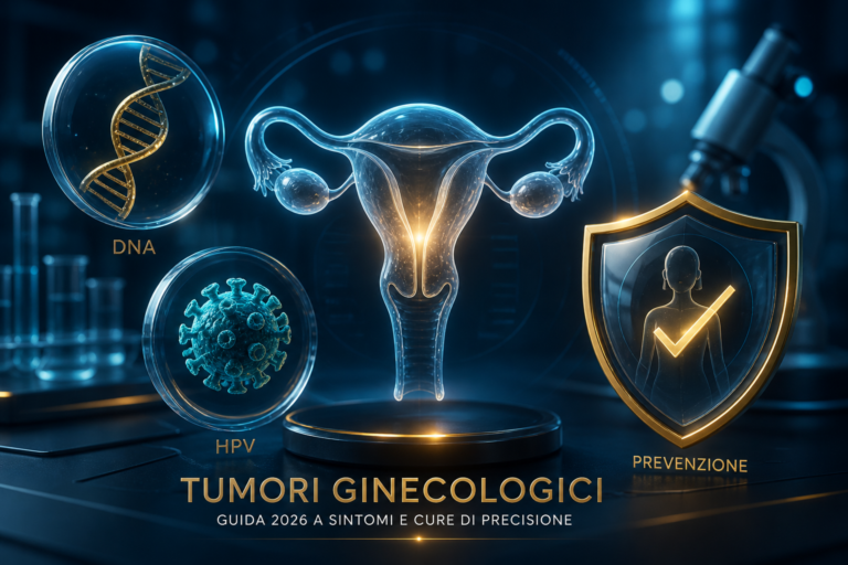 Rappresentazione scientifica 3D dedicata ai tumori ginecologici, con icone del DNA e del virus HPV, a simboleggiare la medicina di precisione e la prevenzione oncologica femminile.