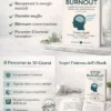 Infografica dei benefici della guida Stop Burnout di Mauro Raffi con anteprima delle pagine interne dell'eBook e lista dei vantaggi per ridurre lo stress cronico e ritrovare la concentrazione.