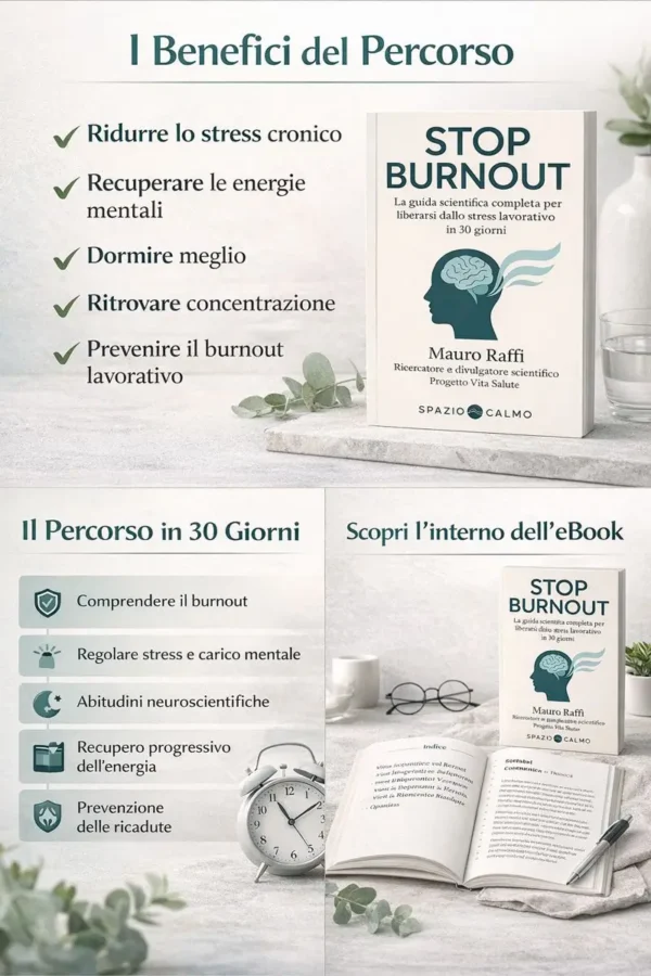Infografica dei benefici della guida Stop Burnout di Mauro Raffi con anteprima delle pagine interne dell'eBook e lista dei vantaggi per ridurre lo stress cronico e ritrovare la concentrazione.