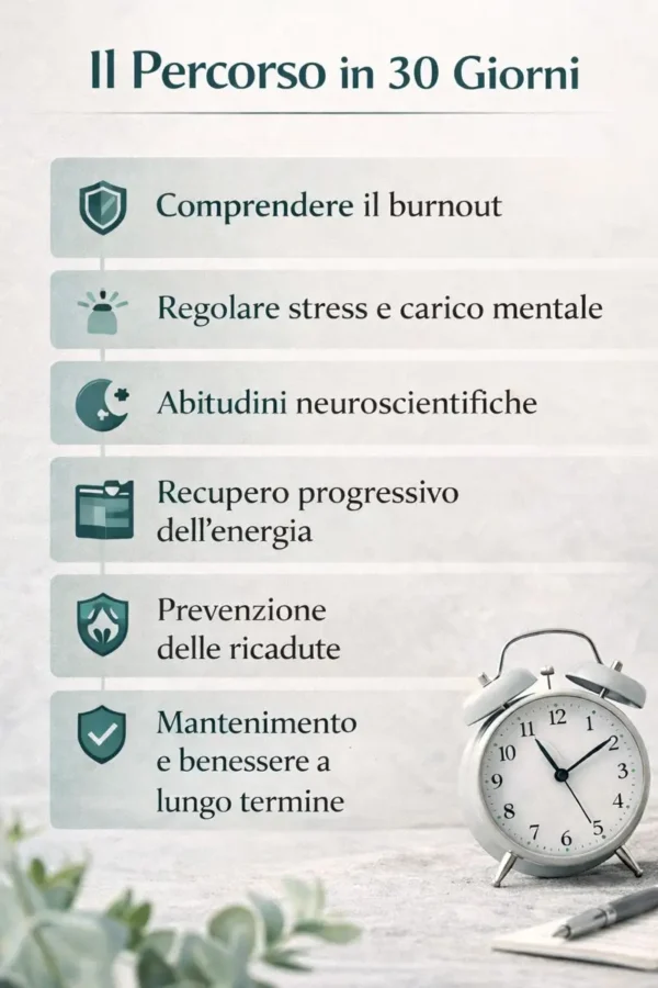 Schema del protocollo in 30 giorni per uscire dal burnout: fasi di regolazione dello stress, abitudini neuroscientifiche, recupero delle energie e mantenimento del benessere mentale a lungo termine.