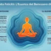 Schema dei benefici della guida Mantra della Felicità: gioia quotidiana, pace interiore, basi neuroscientifiche ed esercizi pratici di journaling guidato.