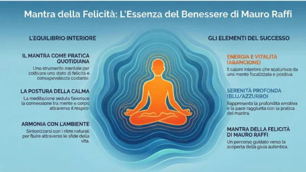 Schema dei benefici della guida Mantra della Felicità: gioia quotidiana, pace interiore, basi neuroscientifiche ed esercizi pratici di journaling guidato.