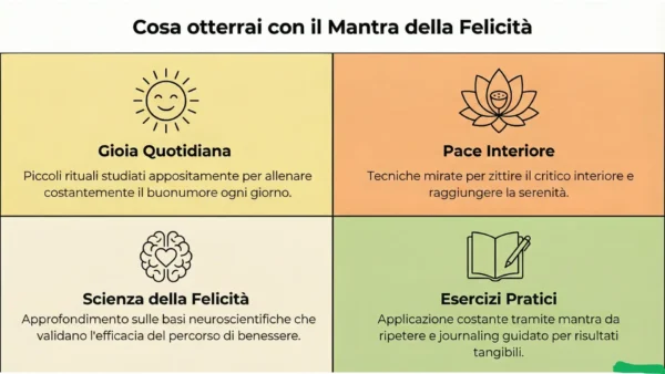 Schema dei benefici della guida Mantra della Felicità: gioia quotidiana, pace interiore, basi neuroscientifiche ed esercizi pratici di journaling guidato.