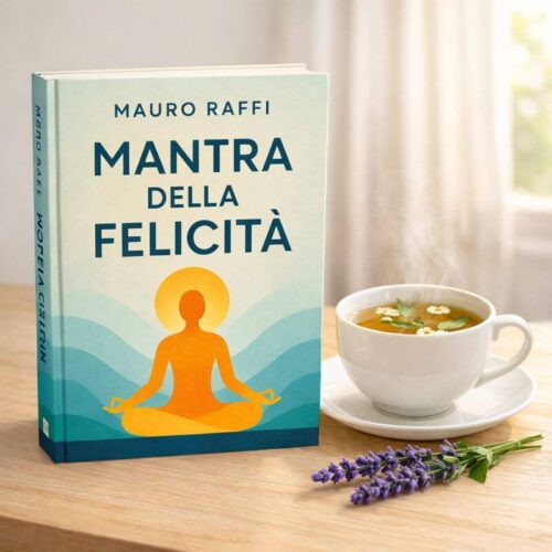 Copertina dell'eBook Mantra della Felicità di Mauro Raffi su un tavolo di legno accanto a una tazza di tisana calda e fiori di lavanda, in un'atmosfera rilassante.