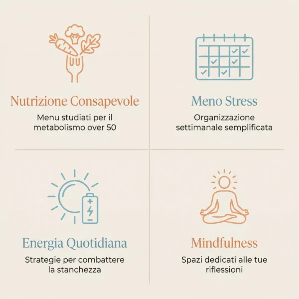 Infografica dei 4 pilastri del planner over 50: nutrizione consapevole, meno stress, energia quotidiana e mindfulness