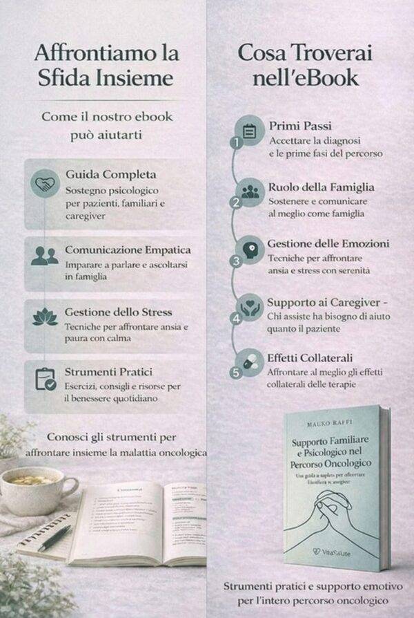 Supporto Familiare e Psicologico nel Percorso Oncologico Infografica dei contenuti dell'eBook Supporto Psicologico Oncologico di Mauro Raffi: gestione dello stress, comunicazione in famiglia, gestione delle emozioni e strumenti pratici per affrontare la diagnosi.
