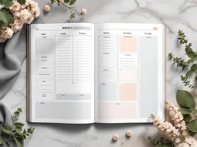 Anteprima delle pagine interne del Planner per Donne Over 50, con schema per menu settimanale, obiettivi di salute e spazio per riflessioni quotidiane