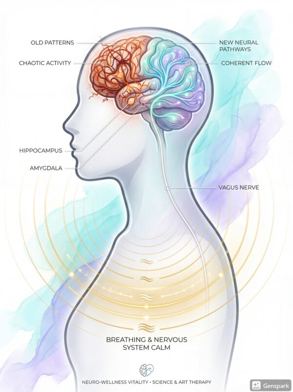 neuroscienze-elaborazione-lutto-dolore.webp Diagramma neuroscientifico che illustra come la pratica del distacco influisce su amigdala, ippocampo e nervo vago per creare nuovi percorsi neurali