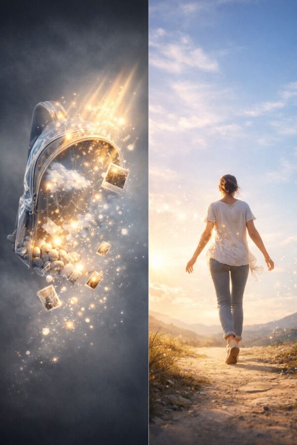percorso-guarigione-emotiva-distacco.webp Rappresentazione del viaggio terapeutico: passare dal peso invisibile dei ricordi alla libertà di camminare verso un futuro luminoso e sereno
