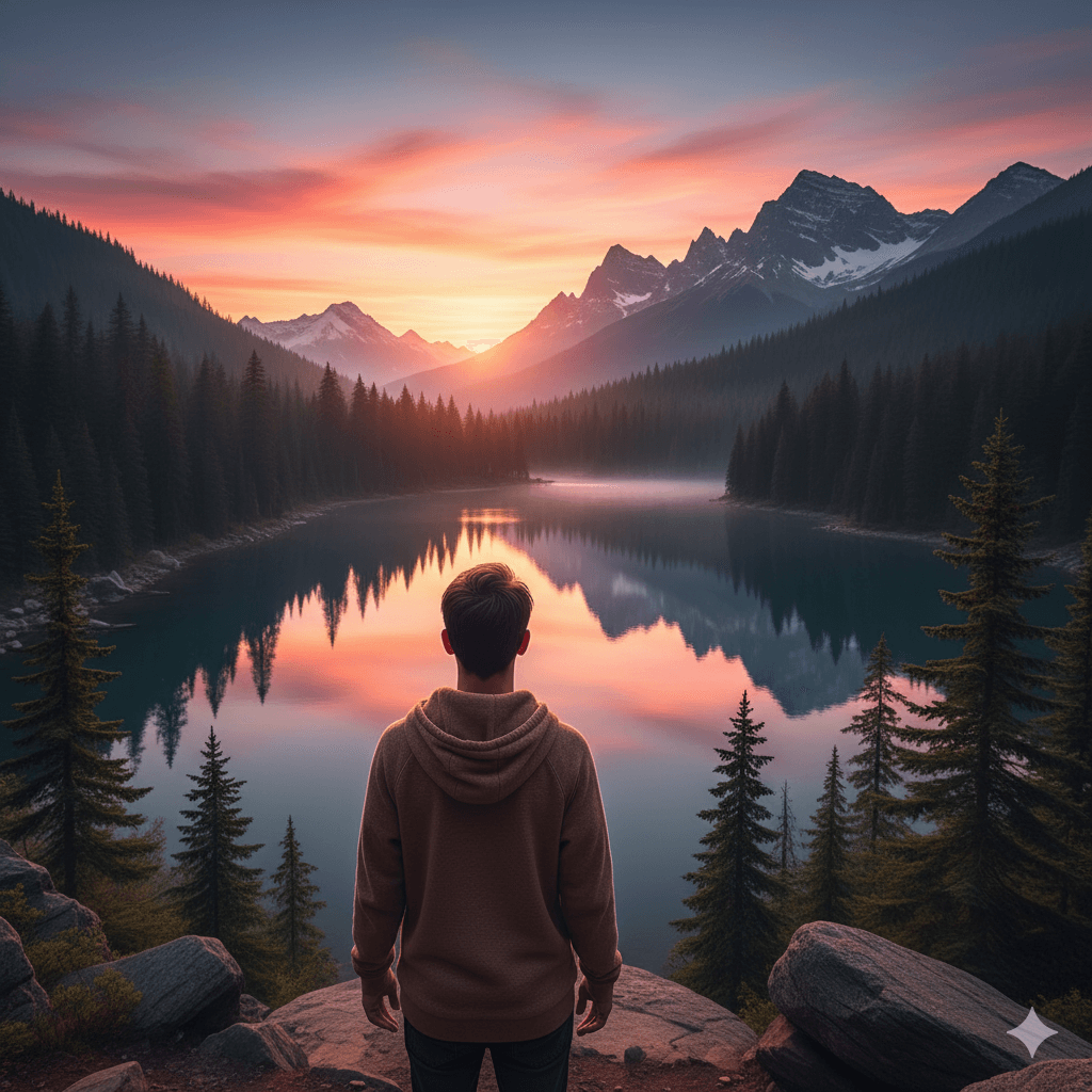 Una vista in prima persona o da dietro di una persona che osserva un bellissimo paesaggio naturale