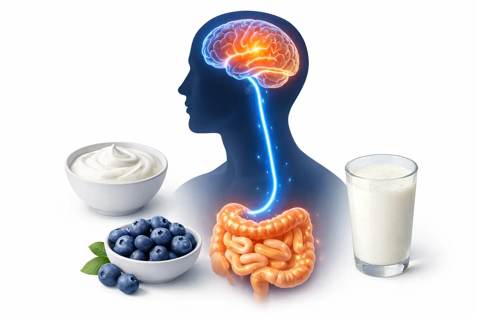 Schema dell'asse intestino-cervello e probiotici naturali per il benessere mentale