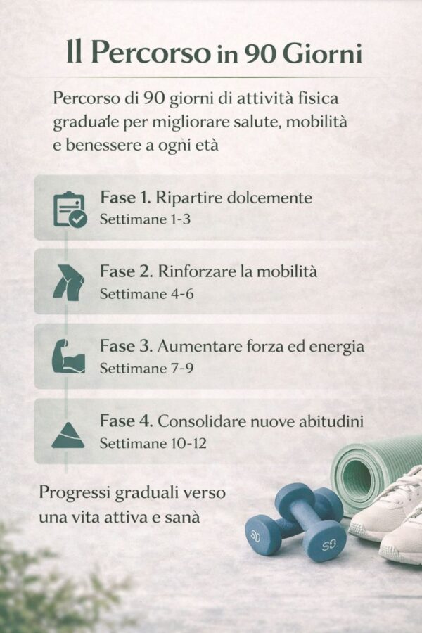 Interno dell’ebook 90 giorni di attività fisica a qualsiasi età con schede di allenamento ed esercizi illustrati.webp Percorso di 90 giorni di attività fisica graduale per migliorare salute, mobilità e benessere a ogni età