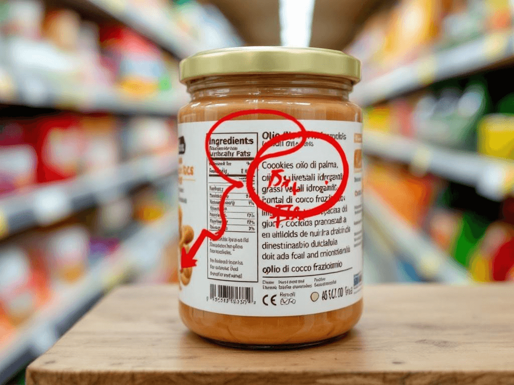 "Esempio di etichetta con grassi nascosti: 'olio di palma' e 'grassi vegetali idrogenati' sono ingredienti da evitare. Impara a riconoscerli per fare scelte più sane!"