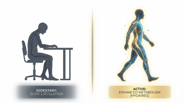 Illustrazione scientifica comparativa tra i rischi della sedentarietà (corpo spento alla scrivania) e i benefici metabolici del movimento (silhouette energetica in cammino).