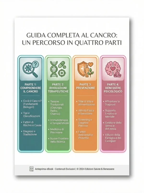 percorso-quattro-parti-guida-cancro.webp Infografica dei contenuti: biologia del cancro, immunoterapia, prevenzione e supporto psicologico oncologico.
