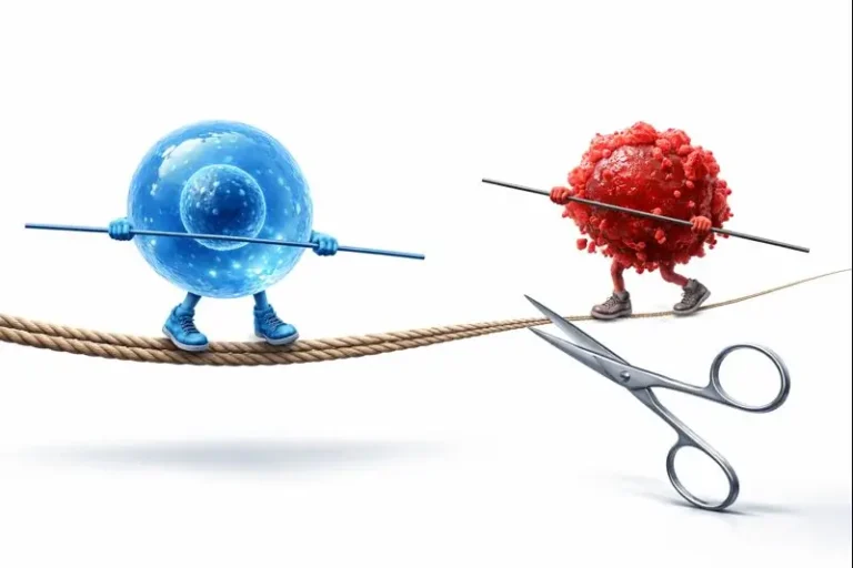 Illustrazione medica della metafora del funambolo per la letalità sintetica: una cellula sana protetta vs una cellula tumorale BRCA-mutata la cui rete di sicurezza viene tagliata dai PARP-inibitori.