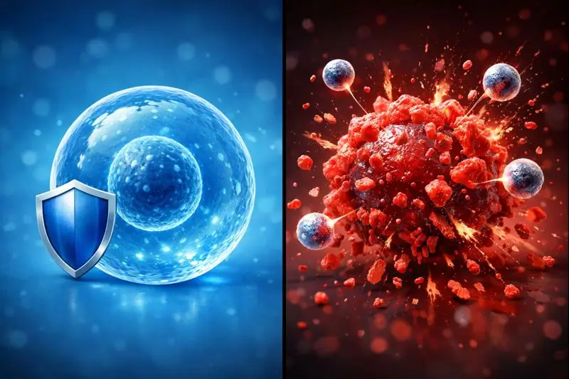 Schema comparativo: cellula sana protetta vs cellula tumorale in apoptosi per effetto dei PARP-inibitori