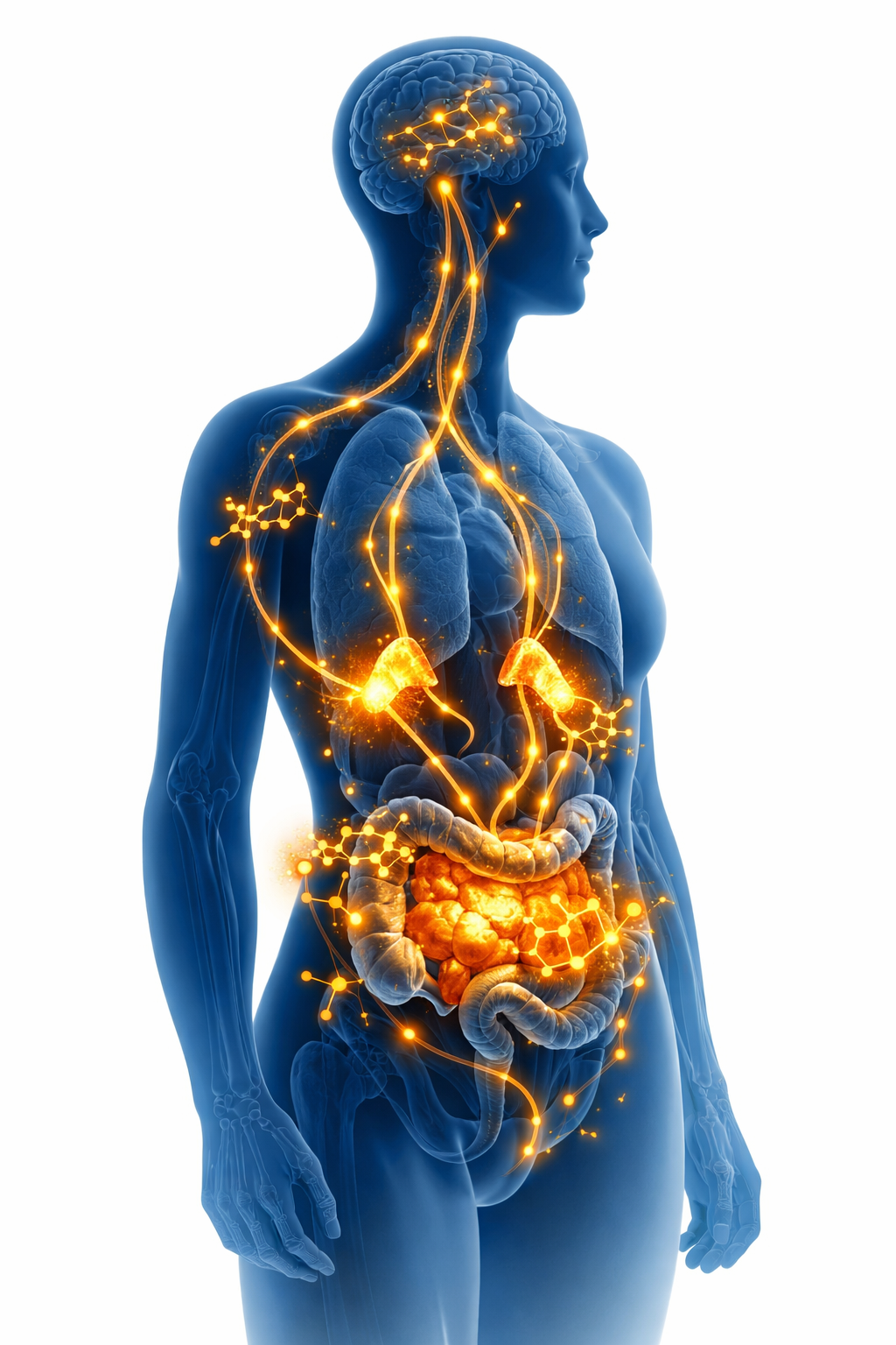 Illustrazione scientifica dell'impatto del cortisolo sul corpo umano: asse stress-ghiandole surrenali e accumulo di grasso viscerale nell'area addominale.