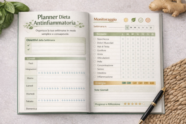 Pagina interna del planner dieta antinfiammatoria con monitoraggio sintomi, energia e pianificazione settimanale