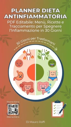 Planner dieta antinfiammatoria PDF con diario 90 giorni, shopping list, ricettario e tracker integrazioni