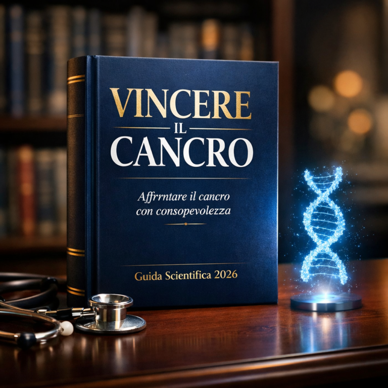 Guida Vincere il Cancro di Mauro Raffi su scrivania medica con stetoscopio - Progetto Vitasalute.