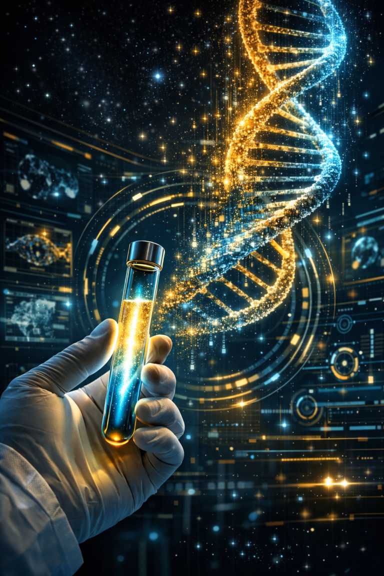 Rappresentazione scientifica del futuro dell'immunoncologia: biotecnologia, vaccini a mRNA e medicina di precisione - Progetto Vitasalute.