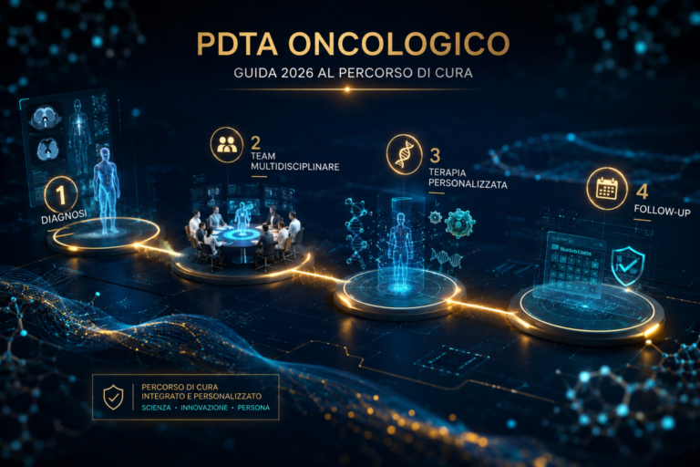Rappresentazione scientifica 3D del PDTA oncologico (Percorso Diagnostico Terapeutico Assistito), evidenziando le fasi dalla diagnosi al team multidisciplinare e follow-up.